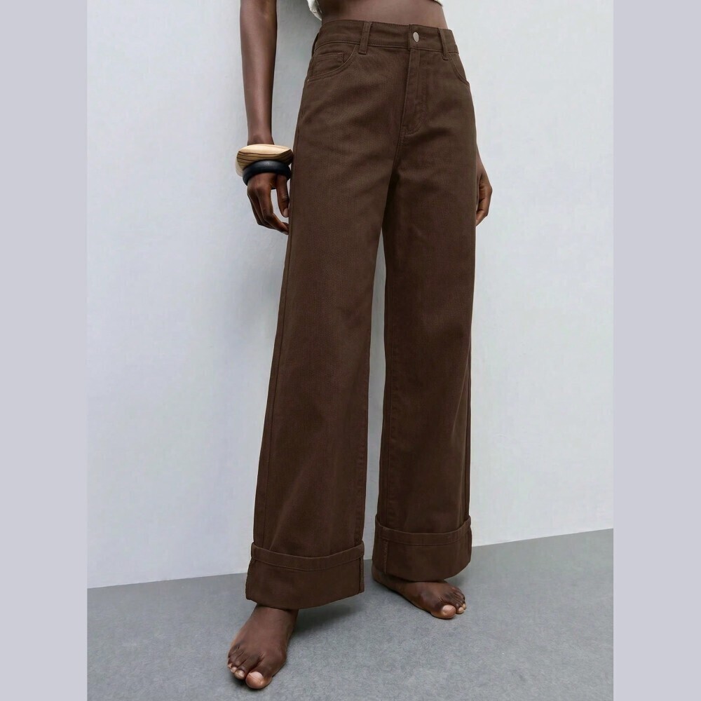 Brown Denim High Waist Wide Leg Cuffed Hem Jeans